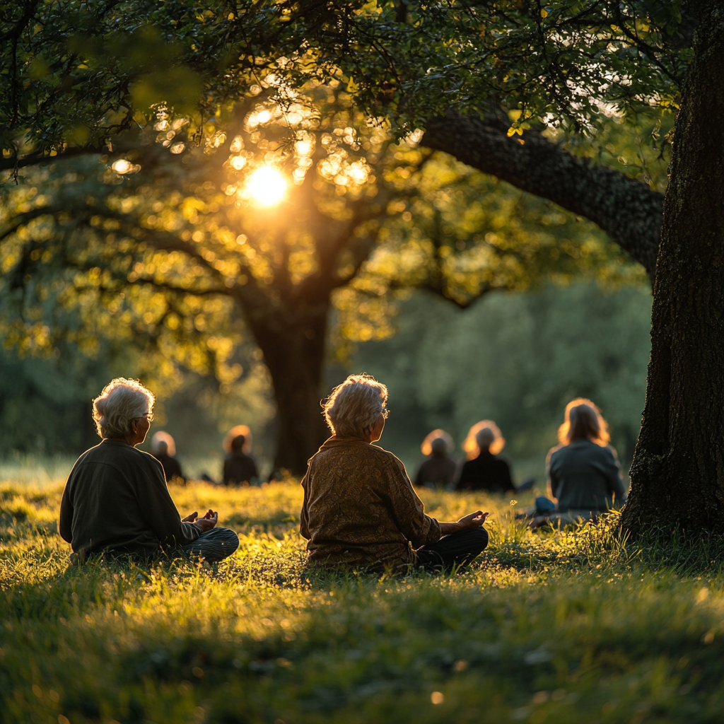 Група людей медитує на природі серед зелених дерев у ранковому світлі