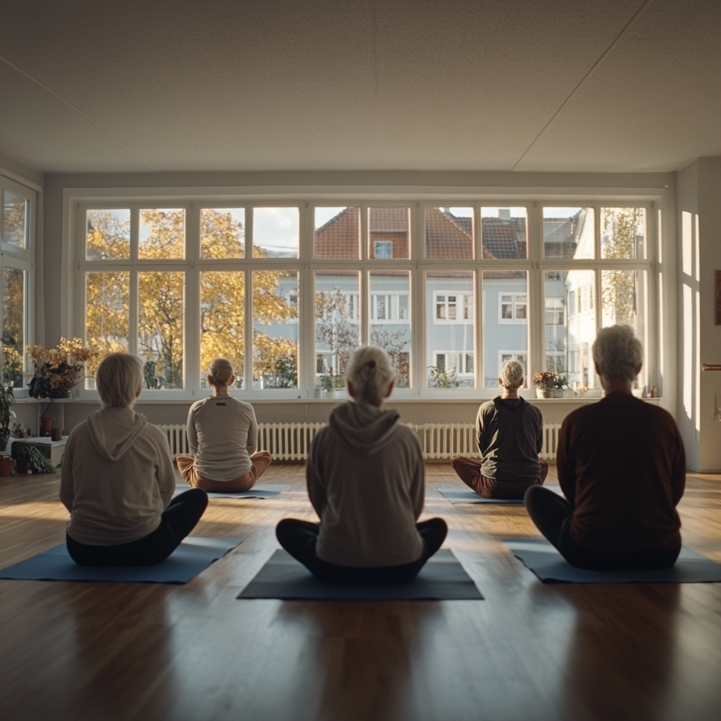 Люди займаються йогою в просторій студії з панорамними вікнами у місті